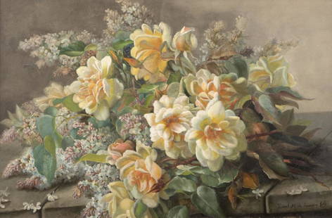 Raoul de Longpre (1843 - 1911 French): Still life with lilacs and roses Oil on board Signed and inscribed lower right: Raoul M. de longpre fils 17" H x 25.5" W Notes: Framed size: 25.5" H x 34" W x 3" D.