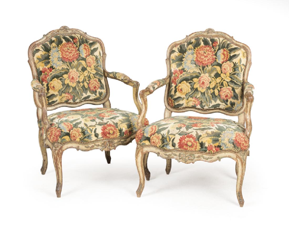 A pair of polychrome-painted Louis XV fauteils (1 of 3)