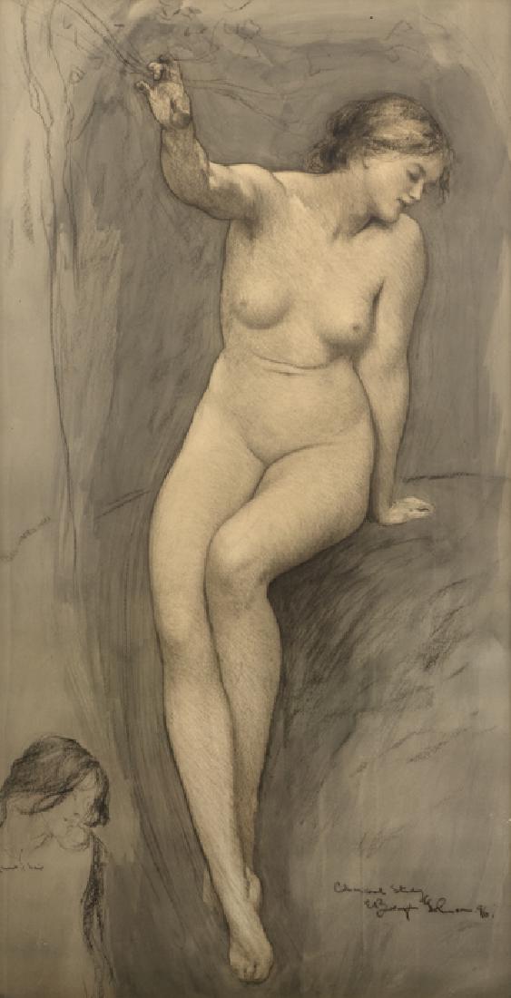 Ernest Borough Johnson (1867 - 1949 British): Study of a nude woman Charcoal and pencil on paper under glass Signed, dated and inscribed lower right: E. Borough Johnson / 96 / Charcoal Study, signed again on an artist's label affixed to the backi