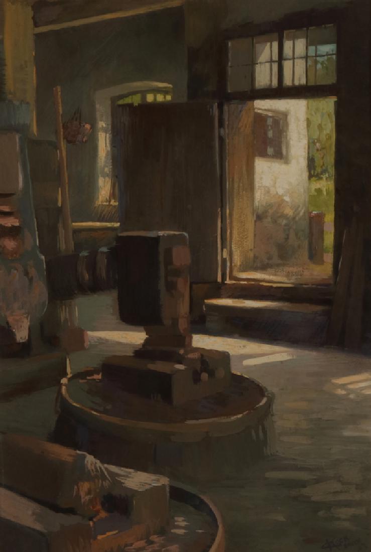George Joseph Koch (1884 - 1951 Carmel, CA): Interior view of a metalsmith's studio with open door Watercolor on paper under glass Signed, dated and inscribed lower right: G. Kock / Bruck / '07 Sight size: 18'' H x 12'' W Provenance: Private Col
