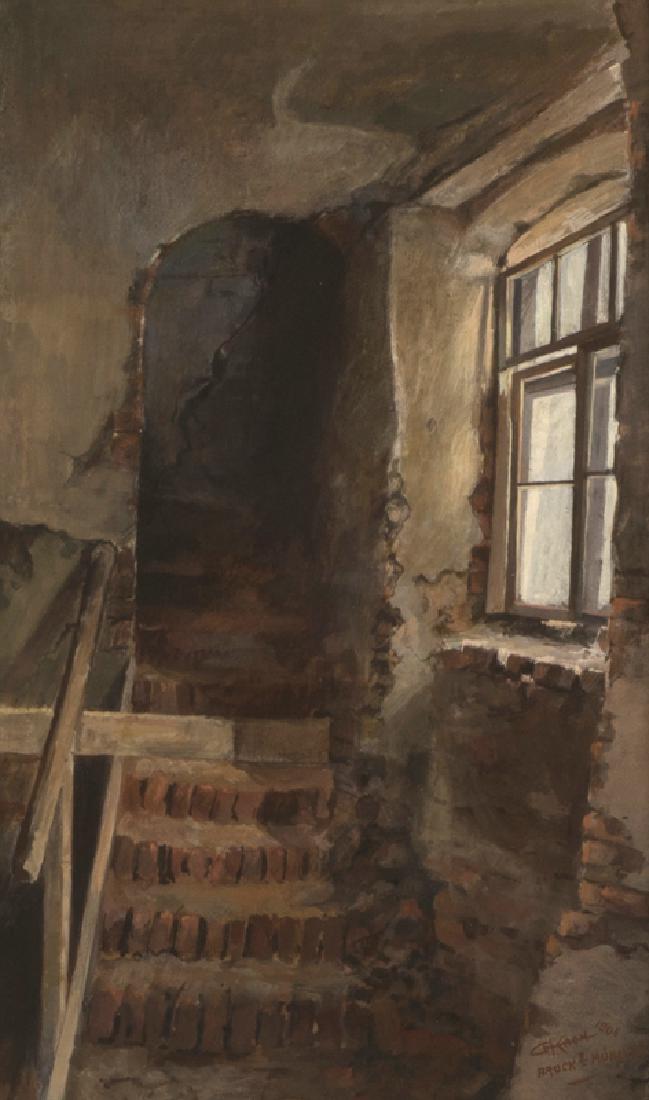 George Joseph Koch (1884 - 1951 Carmel, CA): Interior view of a metalsmith's studio Watercolor on paper under glass Signed, dated and inscribed lower right: G. Koch / 1905 / Bruck & Munchen Sight size: 18.75'' H x 11''W Provenance: Private Colle