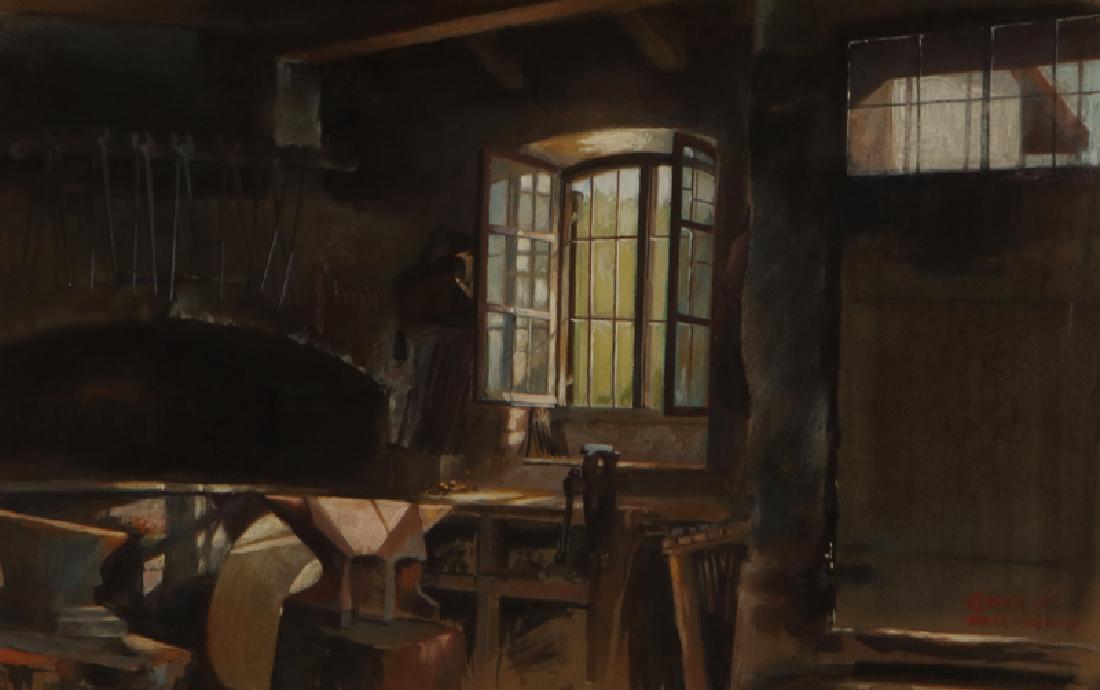 George Joseph Koch (1884 - 1951 Carmel, CA): Interior view of a metalsmith's studio with open window Watercolor on paper under glass Signed, dated and inscribed lower right: G. Koch / 1905 / Bruck & Munchen Sight size: 12'' H x 19'' W Provenance