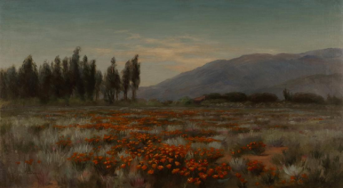 Fannie Eliza Duvall (1859 - 1934 Los Angeles, CA): Field of poppies Oil on canvas laid to canvas Signed lower left: F.E. Duvall 20'' H x 36'' W Provenance: With: Tepper Galleries Inc., New York City, June 2009; Private Collection, Seal Beach, CA, acqu