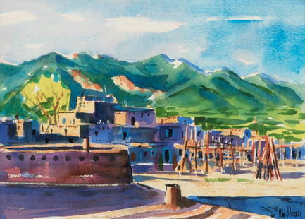 William Metcalf (1947 - * Taos, NM): ''Early Morning, Taos Pueblo'' Watercolor on paper under glass Signed and dated lower right: Wm. Metcalf '83, titled lower center Sight size: 10.25'' H x 14.25'' W Provenance: Private Collection, San