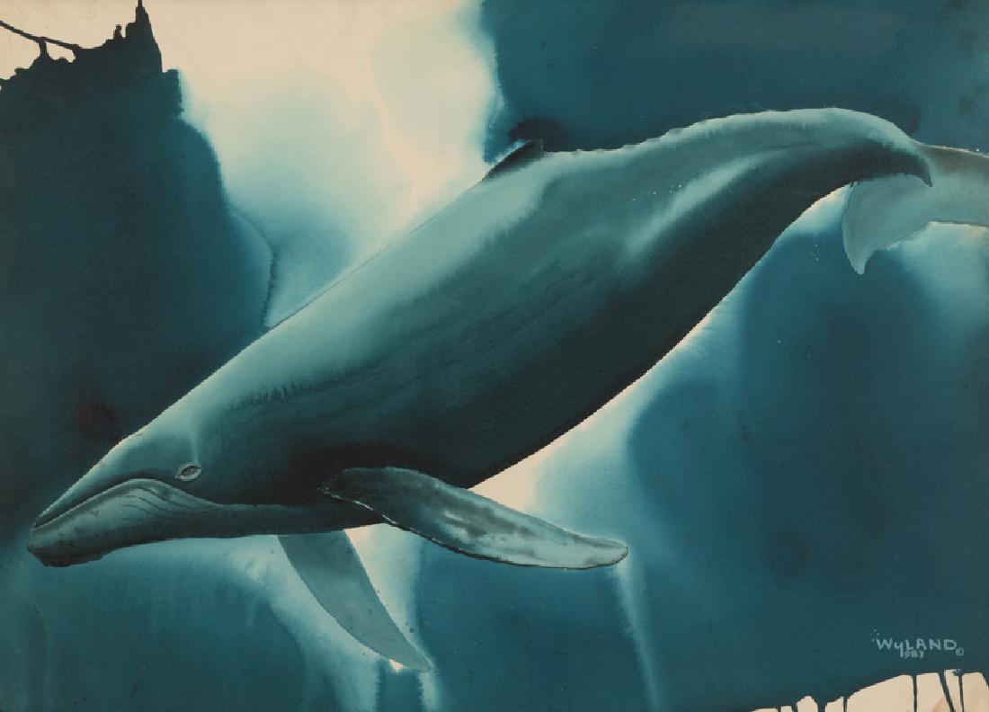Robert Wyland (1956 - * California): Blue whale Watercolor on paper under glass Signed and dated lower right: Wyland / 1987 and with the copyright symbol Sight size: 29'' H x 40'' W Provenance: Private Collection, Pasadena, CA. Notes: Pa