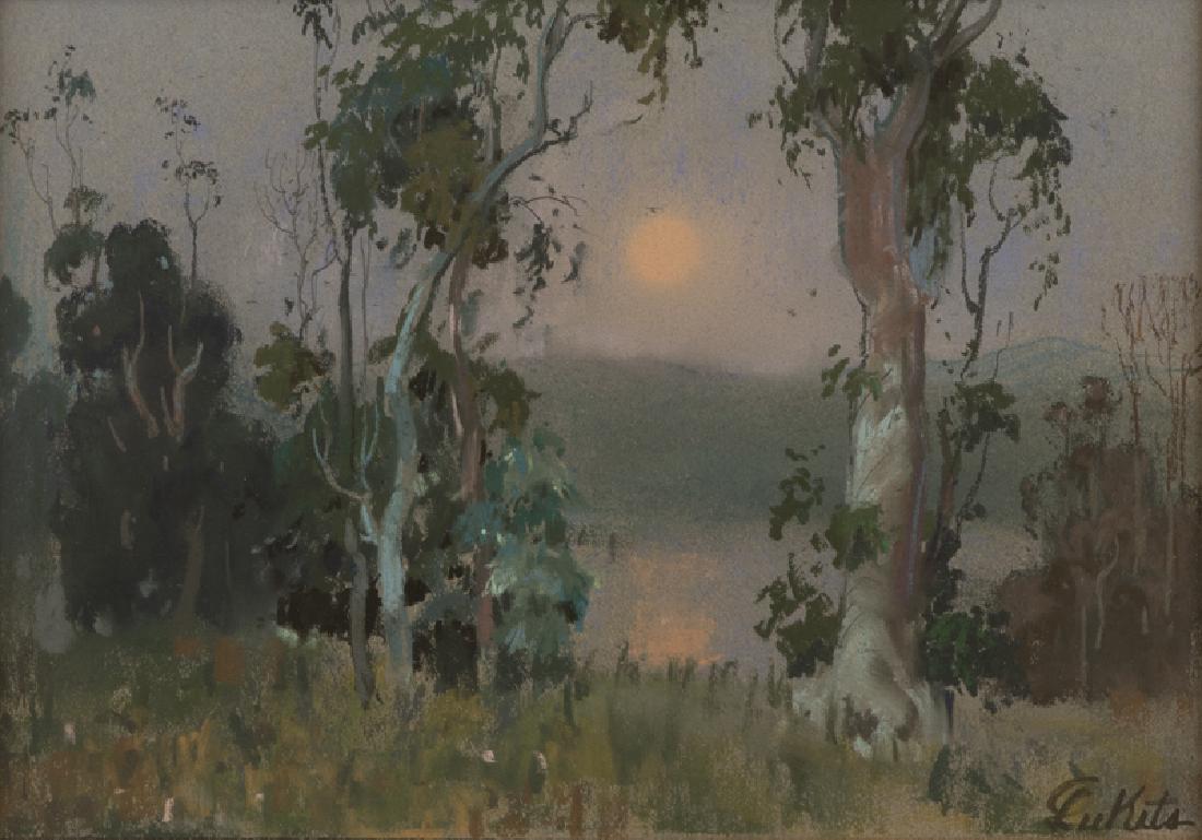 Theodore Lukits (1897 - 1992 Los Angeles, CA): Sunset in a lakeside landscape Pastel on paper under glass Signed lower right: Lukits Sight size: 10'' H x 14.5'' W Provenance: Jonathan Art Foundation, Los Angeles, CA; Private Collection, Altadena,