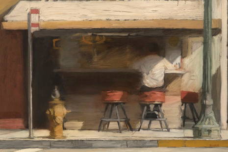 Richard Bunkall (1953 - 1999 New York, NY): Man sitting at an outdoor counter Oil on board laid to board Signed lower right: Bunkall 15'' H x 22'' W Provenance: Private Collection, Pasadena, CA. Notes: Framed size: 23'' H x 30'' W x 1.75'' D.