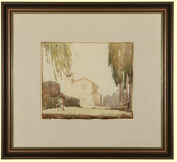 Millard Sheets (1907-1989): mission scene with figures under eucalyptus, signed lower right: Millard Sheets, watercolor on paper under glass, 9x11, est:$4000/6000. Provenance: Private collection, Orange County, CA