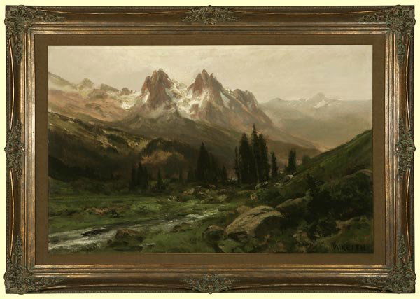 William Keith (1838-1911): stream in Sierra Nevada mountain landscape, signed lower right: W. Keith, oil on canvas laid to masonite, 22.5x33, est:$8000/10,000. Provenance: Estate, San Marino, CA