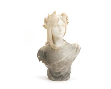 Guglielmo Pugi (c. 1870-1915 Italian): Bust of of a woman wearing a crown of laurel leaves Carved marble Signed: Pugi 23'' H x 14.25'' W x 19'' D Provenance: Private Collection, San Marcos, CA