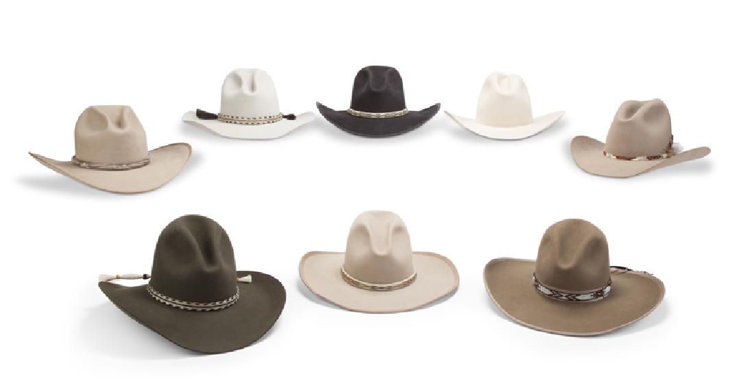 Eight custom cowboy hats: The first: an Az-Tex 100x Limited Edition front hand grab cowboy hat in gray felted fur with ribbon-bound edge, woven horsehair band, interior band circumference: 21''; the second: an Az-Tex 100x Limi