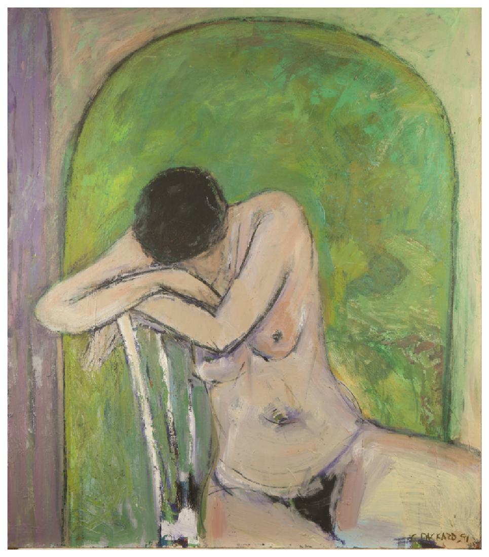 Cynthia Packard (1957 - * Provincetown, MA): Seated nude in green archway Unframed oil on canvas Signed and dated lower right: C. Packard, '91 48'' H x 42'' W Provenance: The Estate of Tammis Day, Sula, MT.