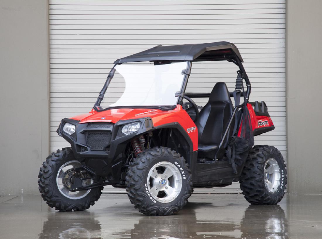 A Red 2011 Polaris Ranger RZR 800 EFI: VIN: 4XAVH76AXBD112931 Mileage: 365 2 Keys With after-market Walker Evans racing adjustable shocks, Plexiglas windshield with hard top, removable mesh door panels, two hitch, rearview mirror, stock Ma