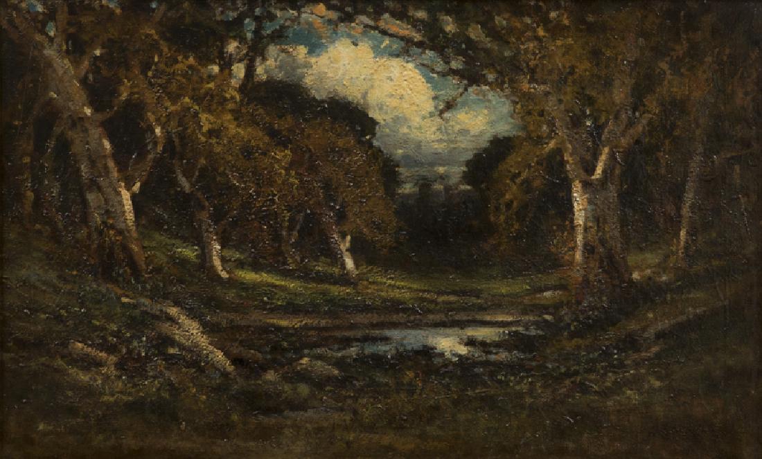 William Keith (1838 - 1911 Berkeley, CA): Pond in a forest interior Oil on canvas laid to canvas Faintly signed lower right: W. Keith 22'' H x 36'' W Provenance: Private Collection, Simi Valley, CA. Notes: Framed size: 31'' H x 45'' W x 3'' D