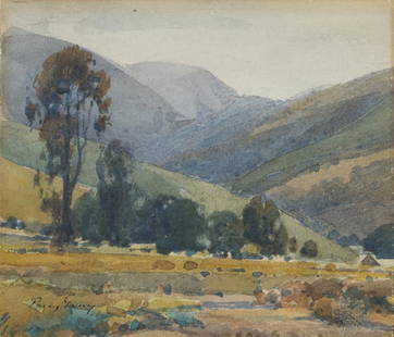 Percy Gray (1869 - 1952 San Francisco, CA): ''Carmel Valley'', trees in a rolling hills landscape Watercolor on board under glass Signed lower left: Percy Gray, titled by repute Sight size: 5'' H x 6'' W Provenance: Private Collection,