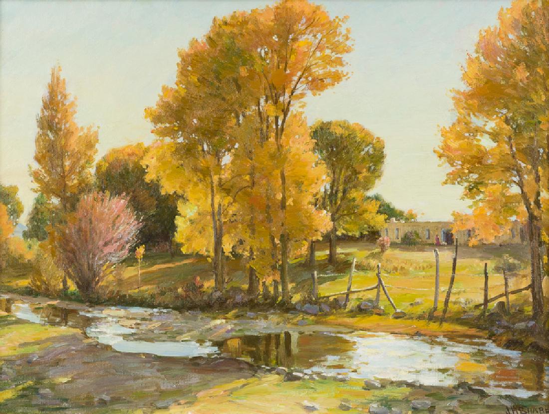 Joseph Henry Sharp (1859 - 1953 Taos, NM): ''Taos Ranchito'' Oil on canvas Signed lower right: J.H. Sharp, titled on the frame plaque 18'' H x 24'' W Provenance: Private Collection, Prescott, AZ. Notes: Framed size: 28'' H x 34.5'' W x 2'' D