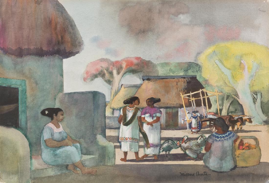 Millard Sheets N.A. (1909 - 1989 Gualala, CA): ''Village of Yucatan'', Mexico Watercolor on paper under glass Signed lower right: Millard Sheets, signed again, titled, inscribed and dated on the backing paper verso: Painted for the beautiful Los F