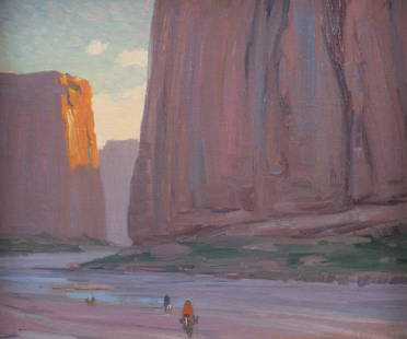 Lon Megargee (1883 - 1960 Los Angeles, CA): ''Canyon de Chelly'', Navajo riders on horseback, 1918 Oil on canvas Signed on the upper stretcher: L. Megargee, titled and indistinctly inscribed on the lower stretcher 20'' H x 24'' W Provenance: So