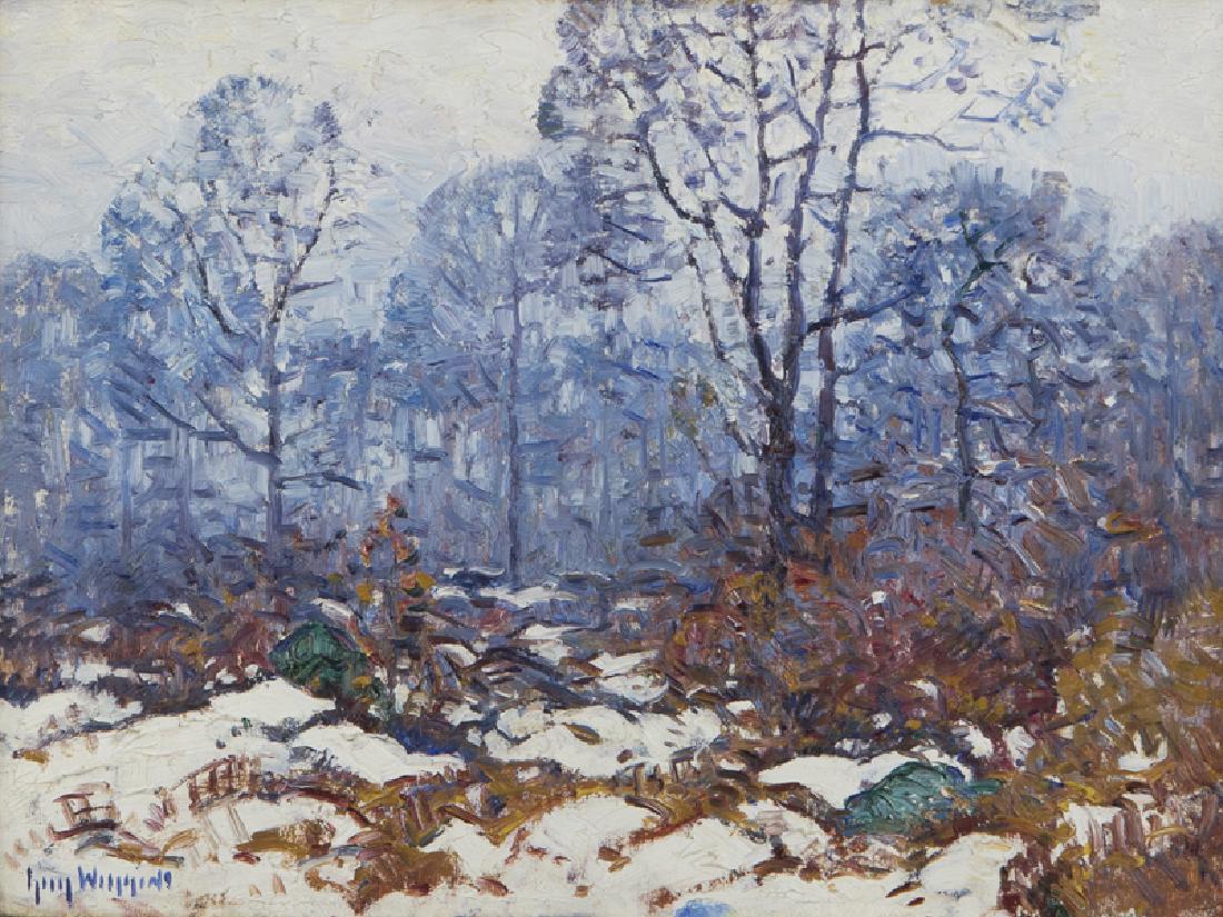 Guy Carleton Wiggins N.A. (1883 - 1962 New York, NY): ''Winter Harmony'', trees in a landscape Oil on canvasboard Signed lower left: Guy Wiggins, signed again and titled verso 12'' H x 16'' W Provenance: Private Collection, Pasadena, CA. Notes: Framed si