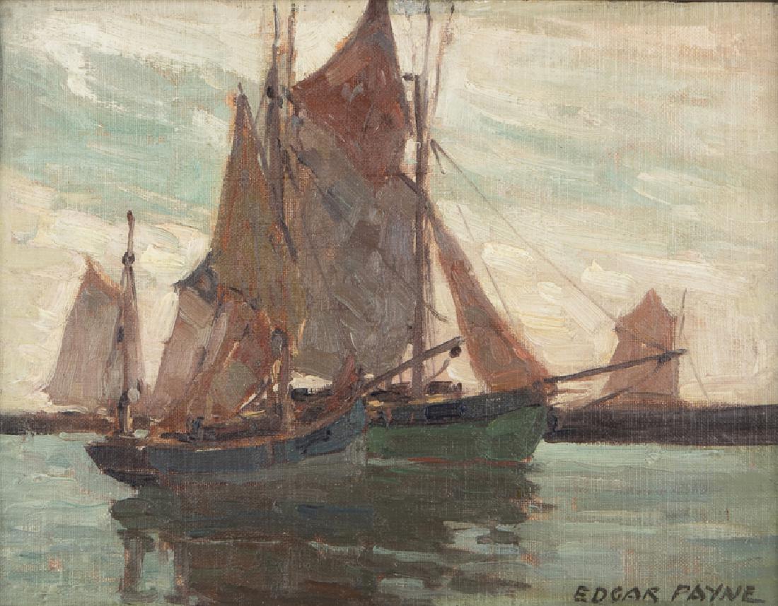 Edgar Alwin Payne (1883 - 1947 Hollywood, CA): "Brittany Boats" Oil on canvasboard Signed lower right: Edgar Payne, titled by Elsie Palmer Payne on a piece of paper affixed verso 10.5'' H x 13.75'' W Provenance: Private Collection, Oak View, CA. N