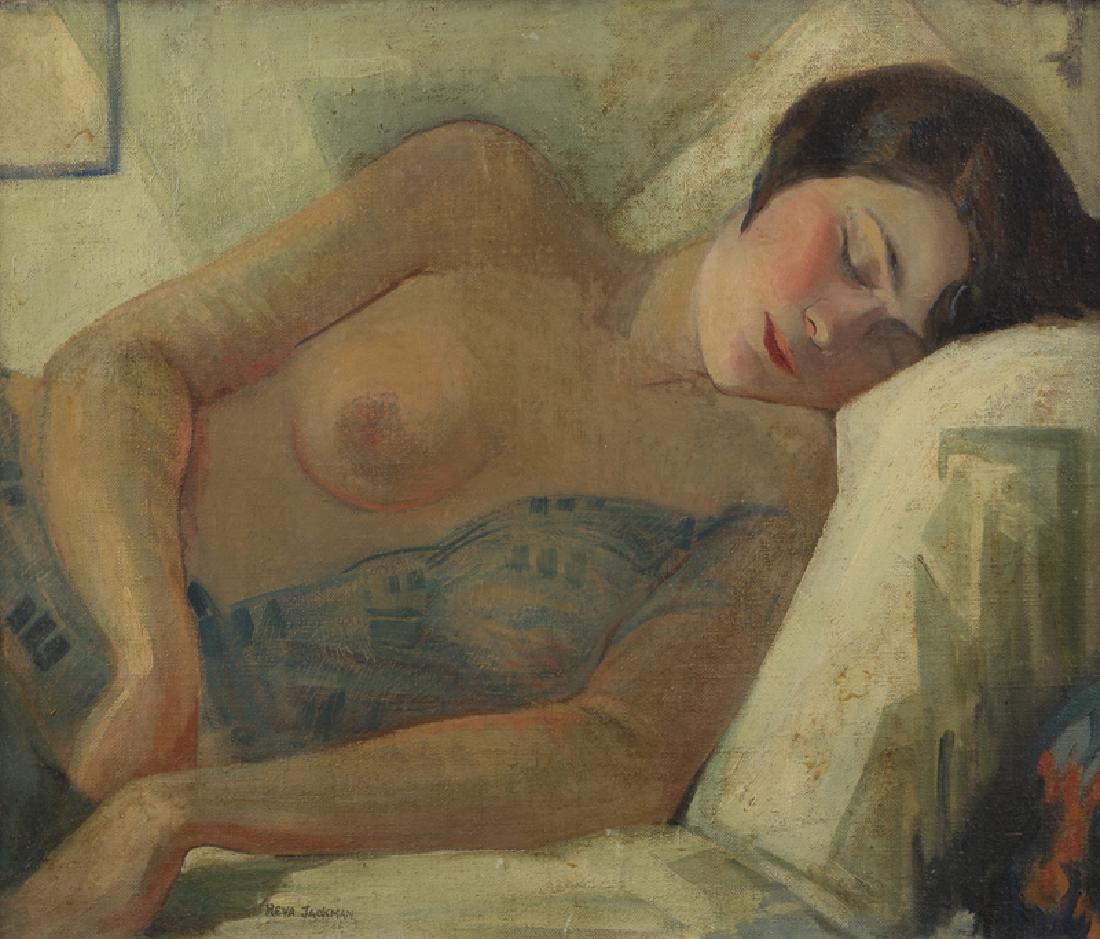 Reva Jackman (1886 - 1985 Santa Barbara, CA): Reclining female nude Oil on canvas Signed lower left: Reva Jackman 22'' H x 26'' W Provenance: Private Collection, Scottsdale, AZ. Notes: Framed size: 31.5'' H x 35.5'' W x 4'' D.