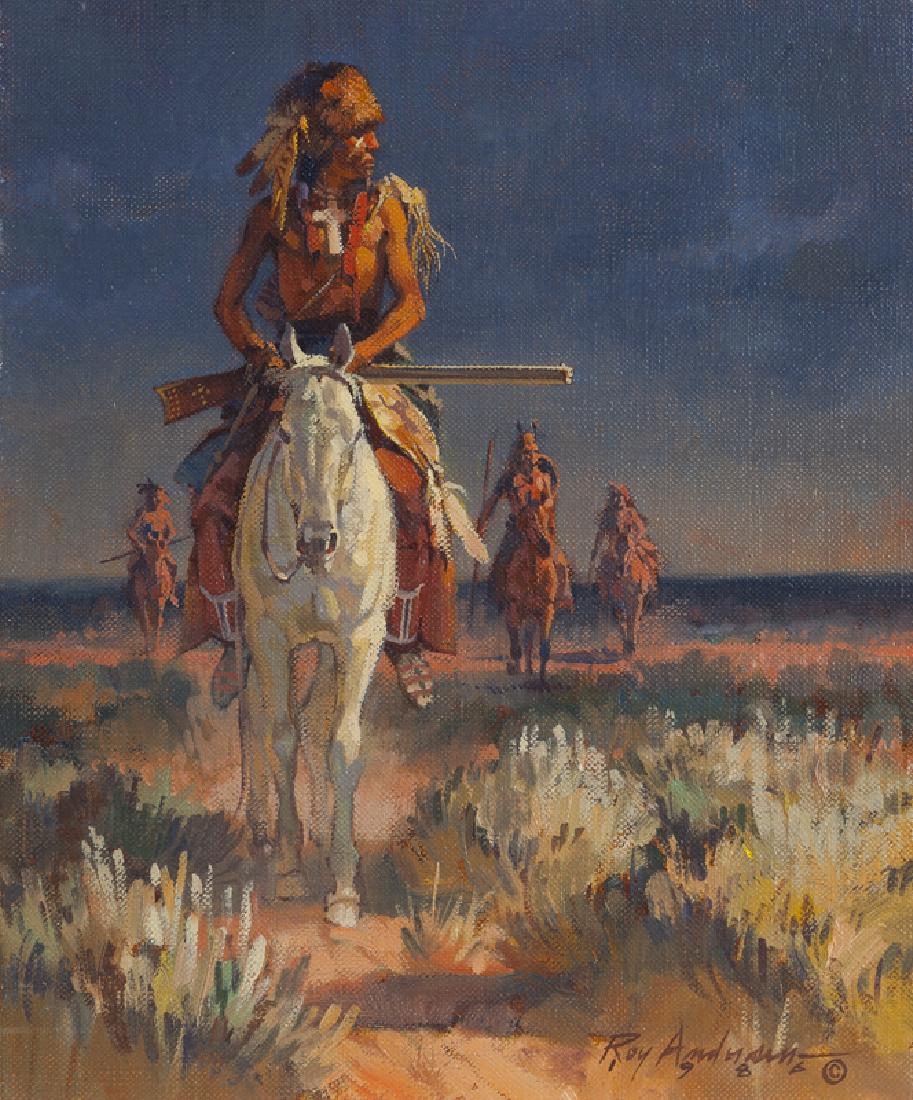 Roy Andersen (1930 - * Ingram, TX): ''Ahead of the Storm'', Native Americans on horseback Oil on canvas Signed and dated lower right: Roy Andersen / 1986 and with the copyright symbol, titled by repute 8'' H x 10'' W Provenance: Private