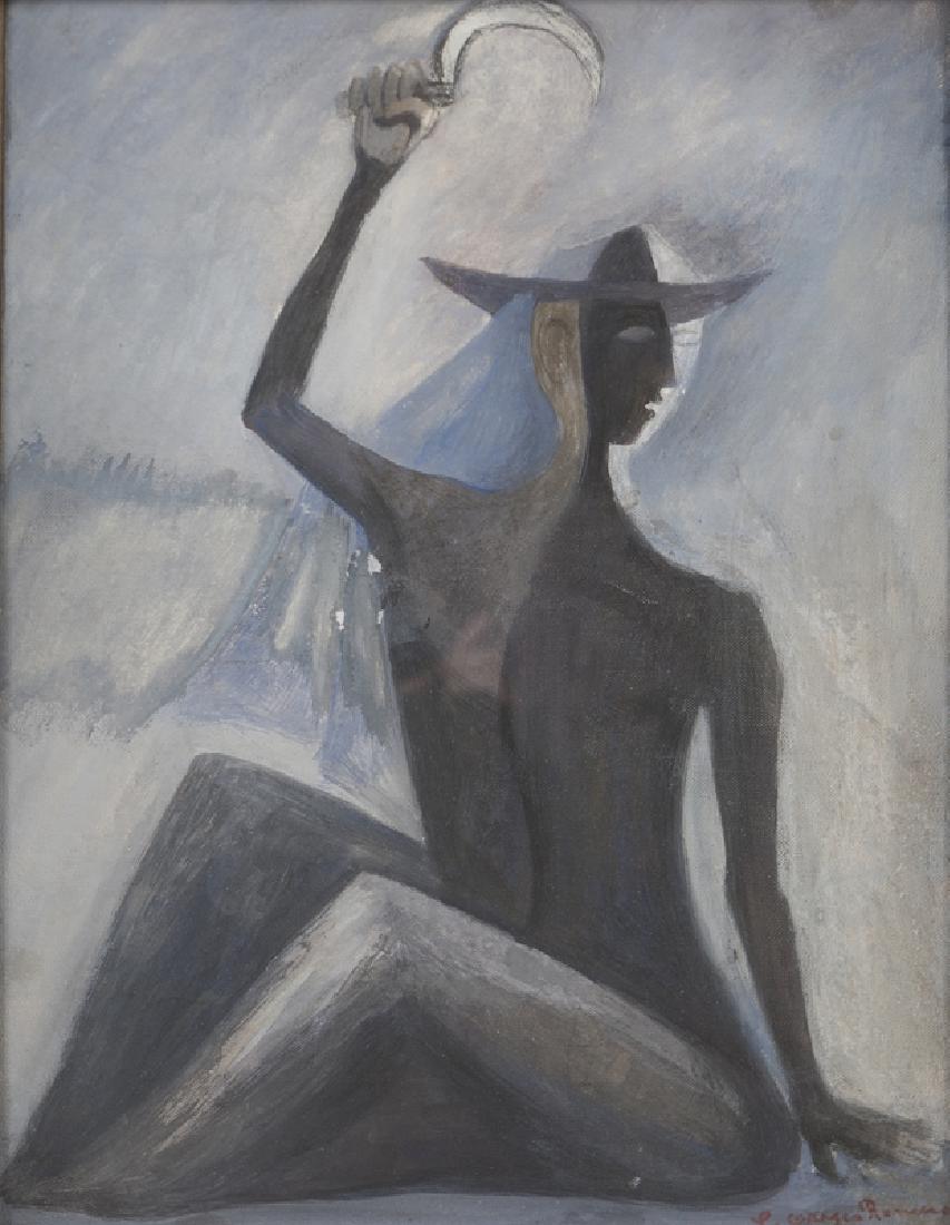 Carlos Orozco Romero (1898 - 1984 Mexican): Abstract man with sickle Gouache and graphite on canvas laid to board Signed lower right: C. Orozco Romero 10.5'' H x 13.5'' W Provenance: Private Collection, San Marino, CA. Notes: Framed size: 20''