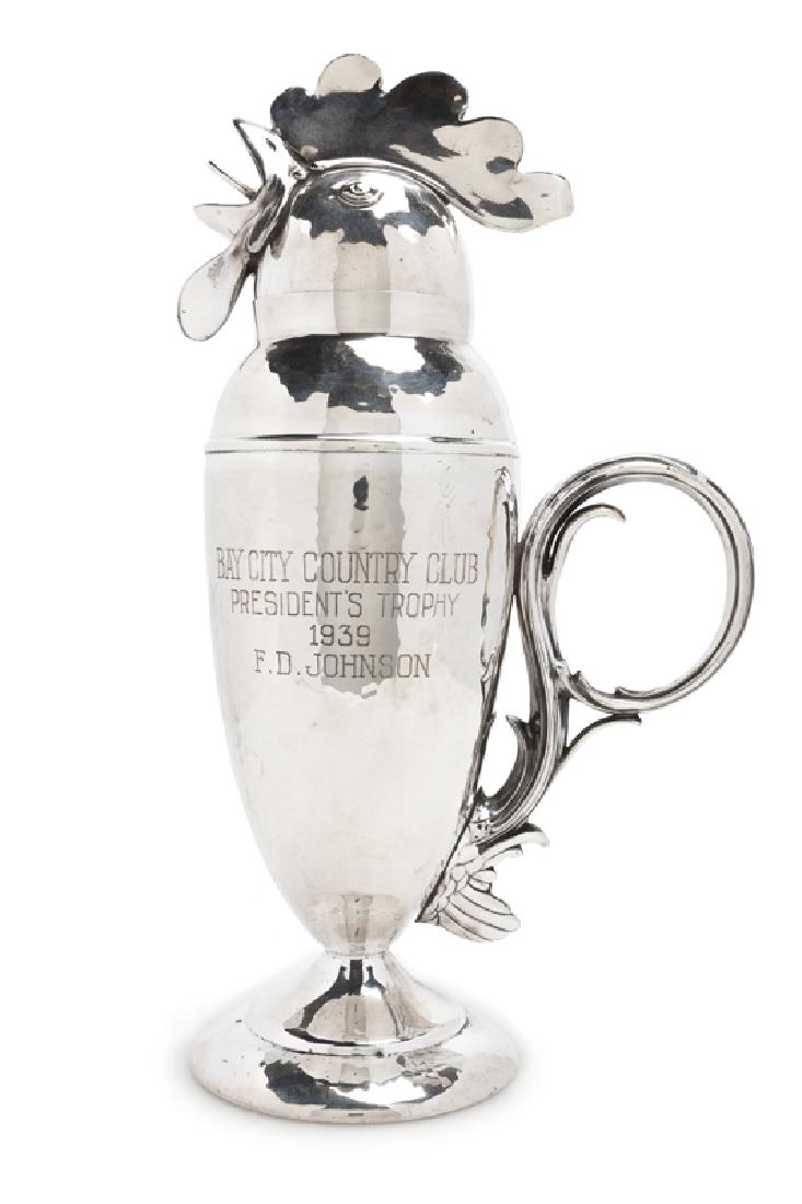 A silver-plated rooster-motif cocktail shaker (1 of 3)