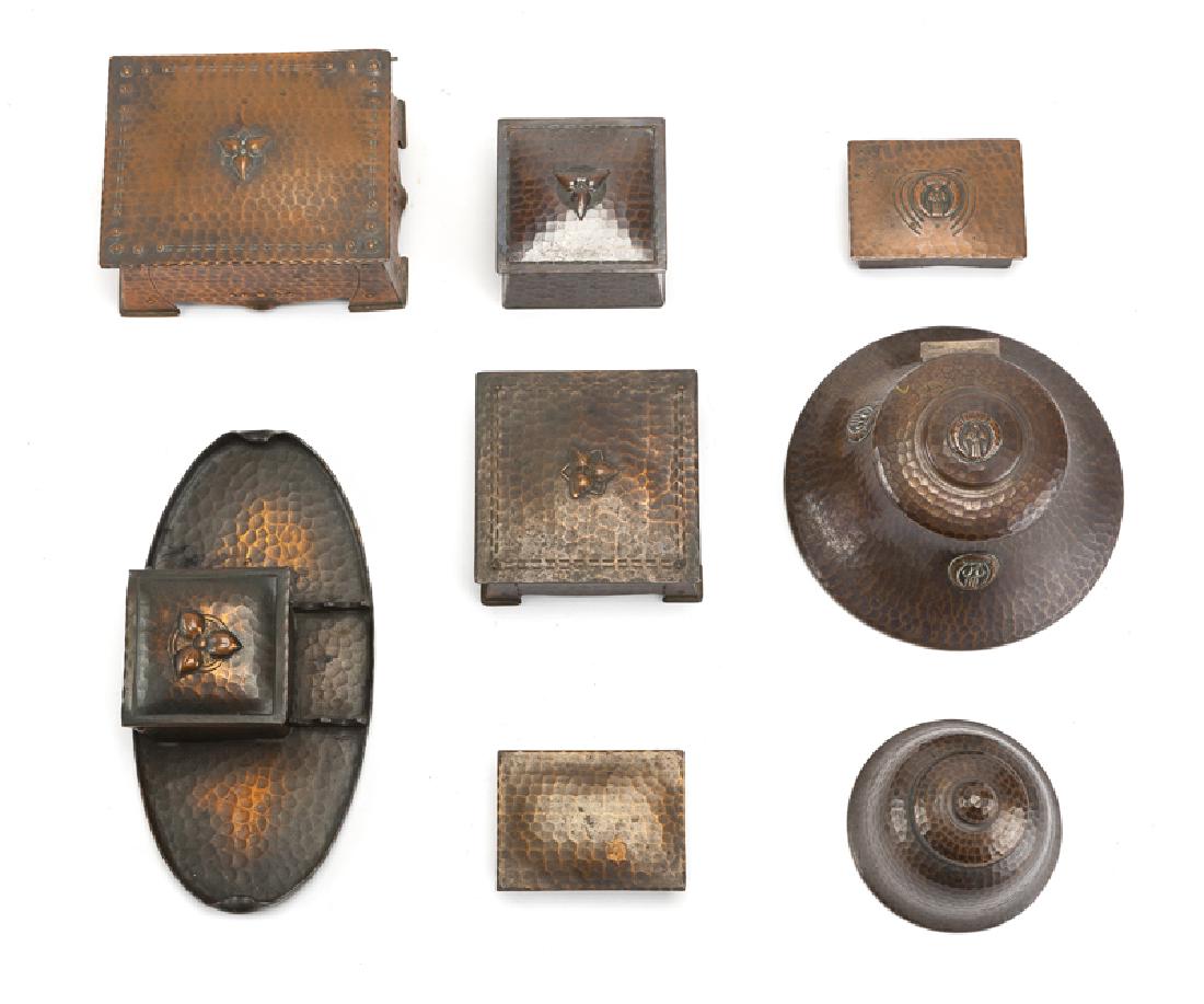 Eight Arts & Crafts hammered copper objects