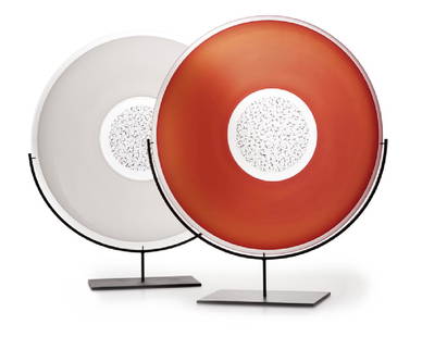 Tobias Mohl (20th/21st century - * Danish): Two circular art glass platters on stands The first: frosted red and clear glass centering a clear and black cane reserve; the second: frosted glass centering a clear and black cane reserve, each