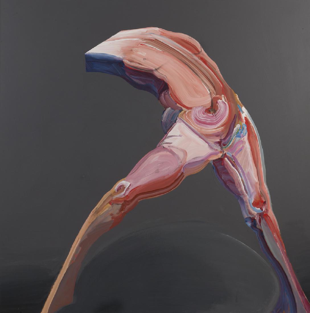 Jan Stussy (1921 - 1990 Los Angeles, CA): Abstract standing torso and legs on gray background Oil on masonite Signed and dated lower center: Stussy / 80 48'' H x 48'' W Provenance: Private Collection, Corona, CA. Notes: Framed size: 50.5'' H