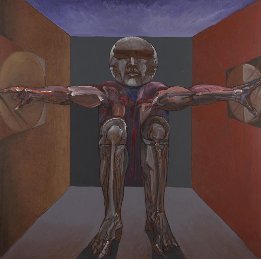 Attributed to Jan Stussy (1921 - 1990 Los Angeles, CA): Abstract multi-faced figure sitting in a box Oil on masonite Unsigned 48'' H x 48'' W Provenance: Private Collection, Corona, CA. Notes: Framed size: 56'' H x 56'' W x 2.5'' D.