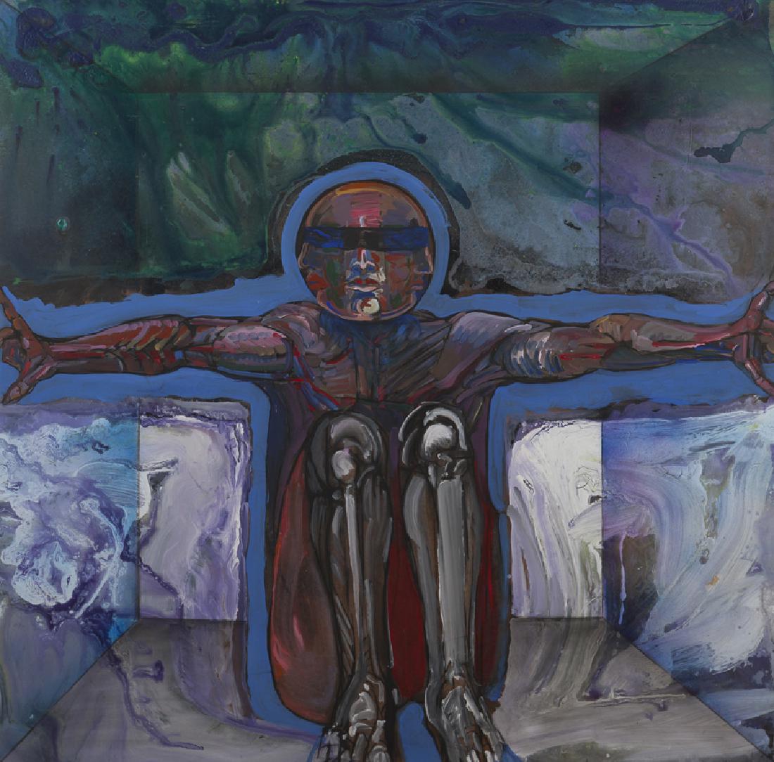 Attributed to Jan Stussy (1921 - 1990 Los Angeles, CA): Abstract multi-faced figure sitting in a box Oil on masonite Unsigned 48'' H x 48'' W Provenance: Private Collection, Corona, CA. Notes: Framed size: 56'' H x 56'' W x 2.5'' D.