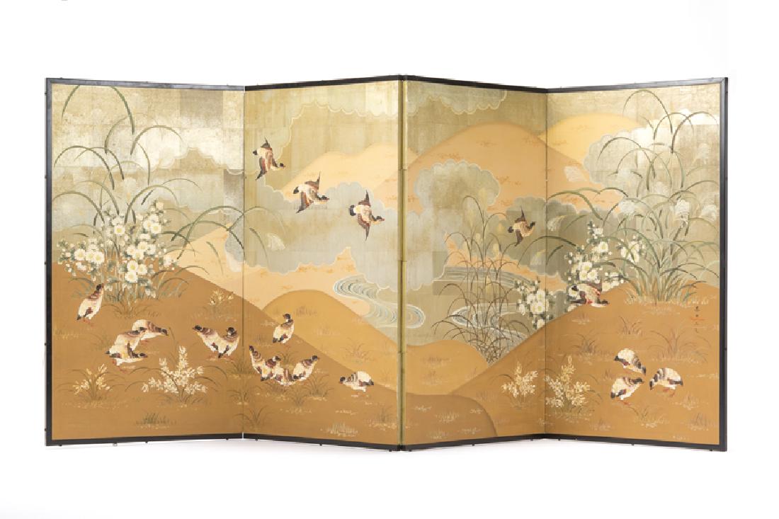 Robert Crowder (1911-2010 Beverly Hills, CA): A four-panel folding byobu-style floor screen, ducks in a landscape Ink, colors and gold leaf on paper Signed lower right over Japanese characters: Robert Crowder Each panel approximately: 48.25'' H x