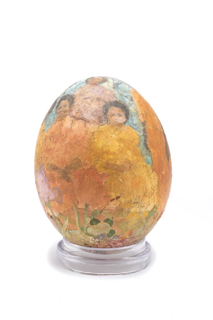 Betye Irene Brown Saar (1926 - * Los Angeles, CA): ''In the Garden'' A decoupage ostrich egg, hand-painted and printed paper Titled, signed and dated to underside: Betye Saar / 4/2008 6'' H x 4.5'' Dia. Provenance: Private Collection, Sierra Madre, CA