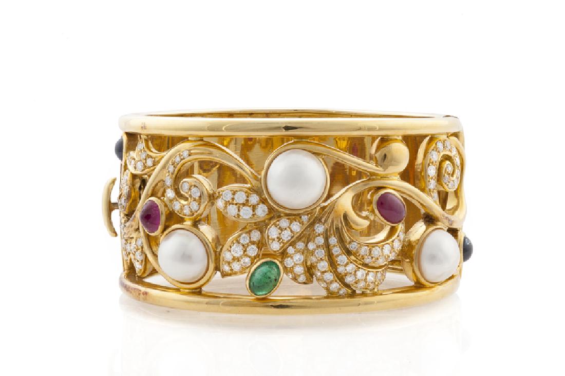 A diamond, mabe pearl and gemstone hinged cuff bracelet (1 of 2)