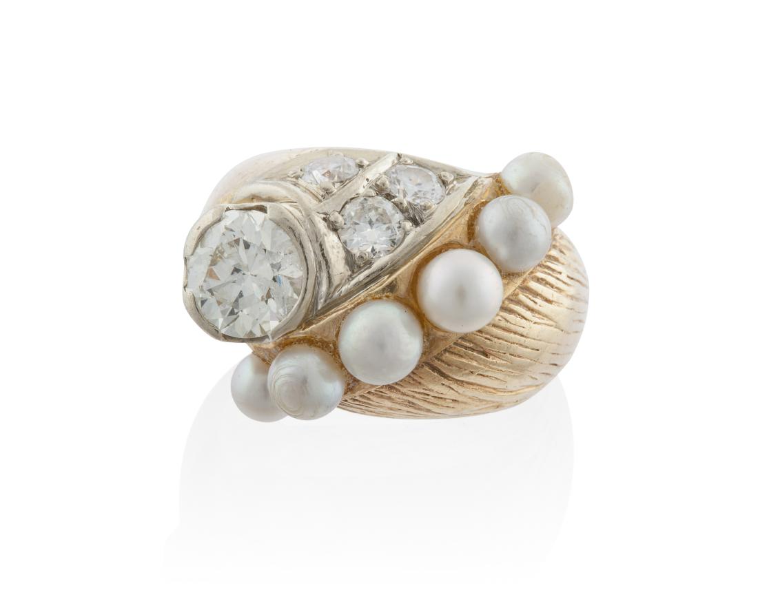 A Retro cultured pearl and diamond ring: Circa 1945, 14K yellow gold Set with four round transitional-cut diamonds totaling approximately 1.05 cts. and graded H-J color, SI-I clarity and further set with six cultured pearls ranging from 3.7 