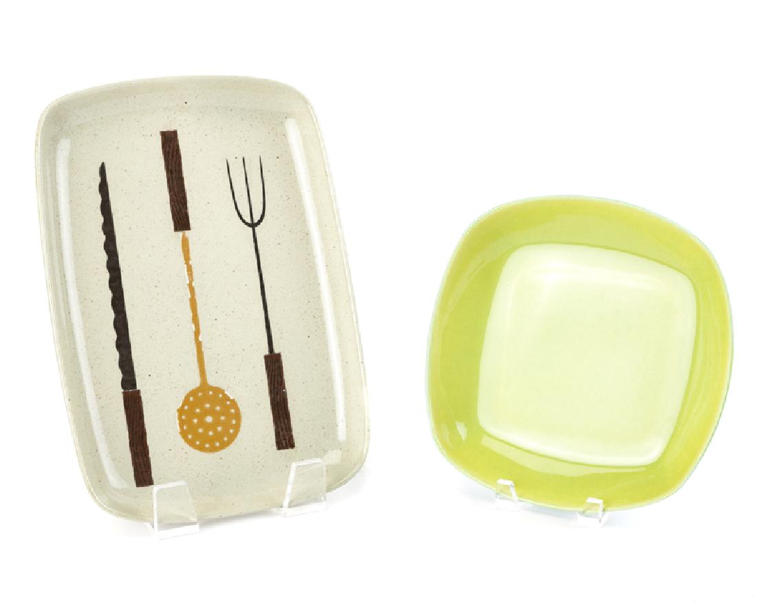 Two pieces of Winfield art pottery serveware: Mid-20th century The first with stamped mark: Handcraft / Winfield China / California; the second with stamped mark: Winfield / Pasadena and marked: 306 Comprising a rectangular platter with utensil m