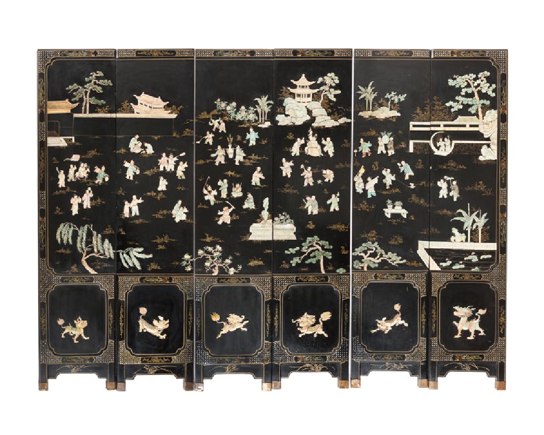 A Chinese six-panel lacquered and applied stone screen (1 of 4)