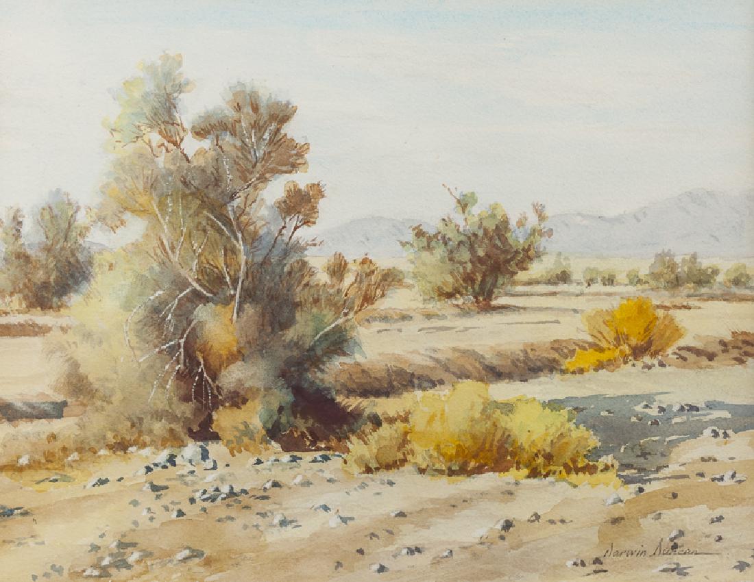Darwin Duncan (1905 - 2002 Ramona, CA): "Mouth of Box Canyon (near Salton Sea)", desert landscape Watercolor on Arches paper under glass Signed lower right: Darwin Duncan, titled and inscribed verso Sight size: 10.5" H x 13.5" W Provenance: