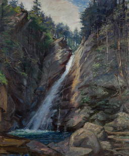 Arthur Merton Hazard (1872 - 1930 Los Angeles, CA): "Lower Yosemite Falls", Yosemite National Park Oil on canvas Signed and dated lower right: Arthur M. Hazard / 22, titled on a gum label affixed to the stretcher 36" H x 30" W Provenance: Private Colle