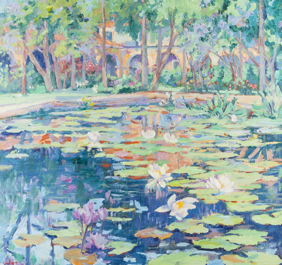 Maria del Carmen Calvo (20th/21st Century Capistrano: Mission lily pond Oil on masonite Signed lower left: Calvo, signed again on the frame verso 30" H x 32" W Notes: Framed size: 40" H x 42" W x 3" D.