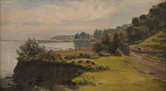 Thaddeus Welch (1844 - 1919 Santa Barbara, CA): Goleta Slough, landscape with figure and cow, circa 1910 Oil on panel Appears unsigned 5.5" H x 10" W Provenance: Estate of the artist; Howard Willoughby, San Francisco, CA; James D. Armstrong,