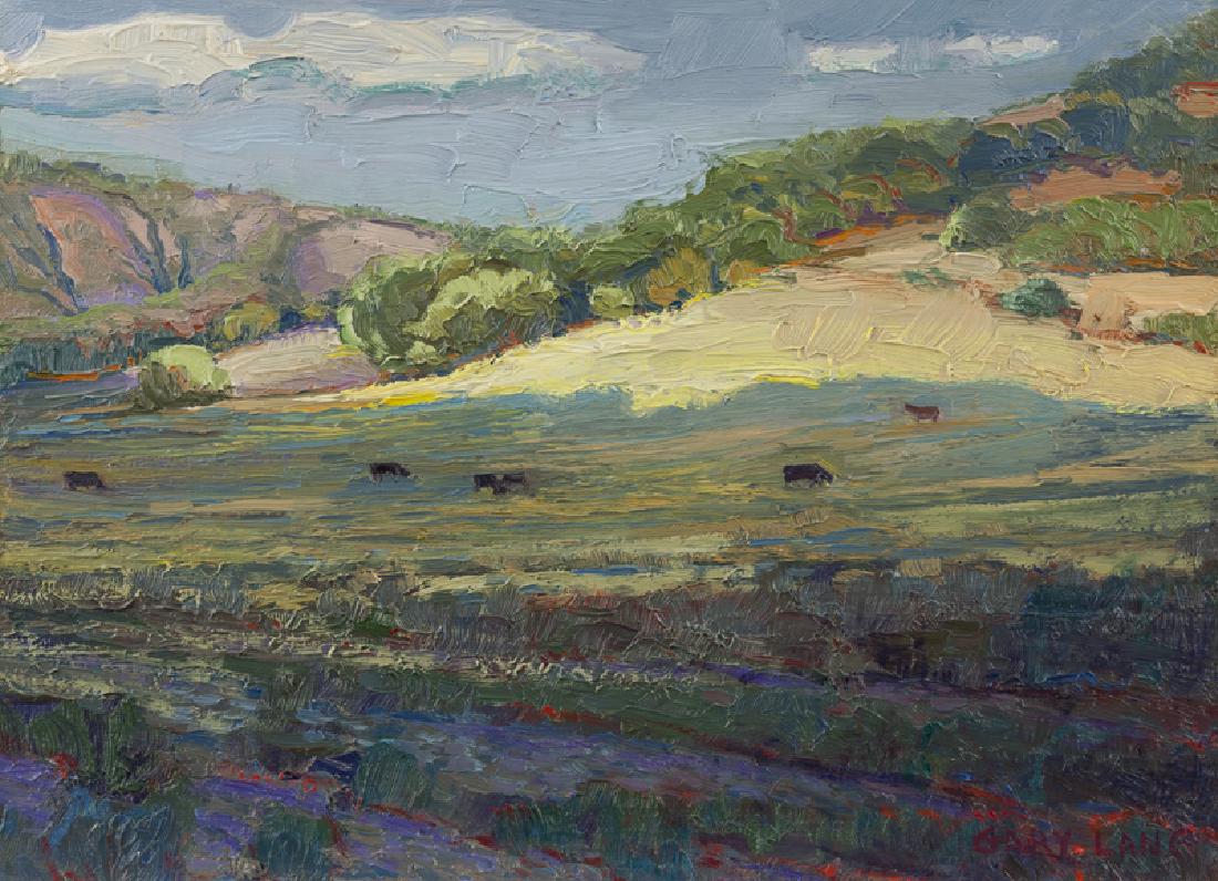 Gary Lang (1960 - * Carlsbad, CA): Cattle in a landscape, Carlsbad, CA Oil on canvasboard Signed lower right: Gary Lang 12" H x 16" W Provenance: Private Collection, San Diego, CA. Notes: Framed size: 19.5" H x 23.5" W x 1.75" D.