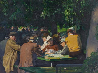 Robert Caples (1918 - 1996 California / Oregon): People playing cards in the park Oil on masonite Signed lower right: Caples 18" H x 24" W Provenance: Private Collection, Malibu, CA. Notes: Framed size: 24.5" H x 30.5" W x 2.5" D.