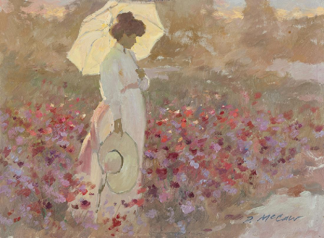 Dan McCaw (1942 - * Los Angeles, CA): Woman with parasol standing among flowers Oil on masonite Signed lower right: D. McCaw 9" H x 12" W Provenance: Private Collection, Lockwood, CA. Notes: Framed size: 18" H x 21" W x 2.5" D.