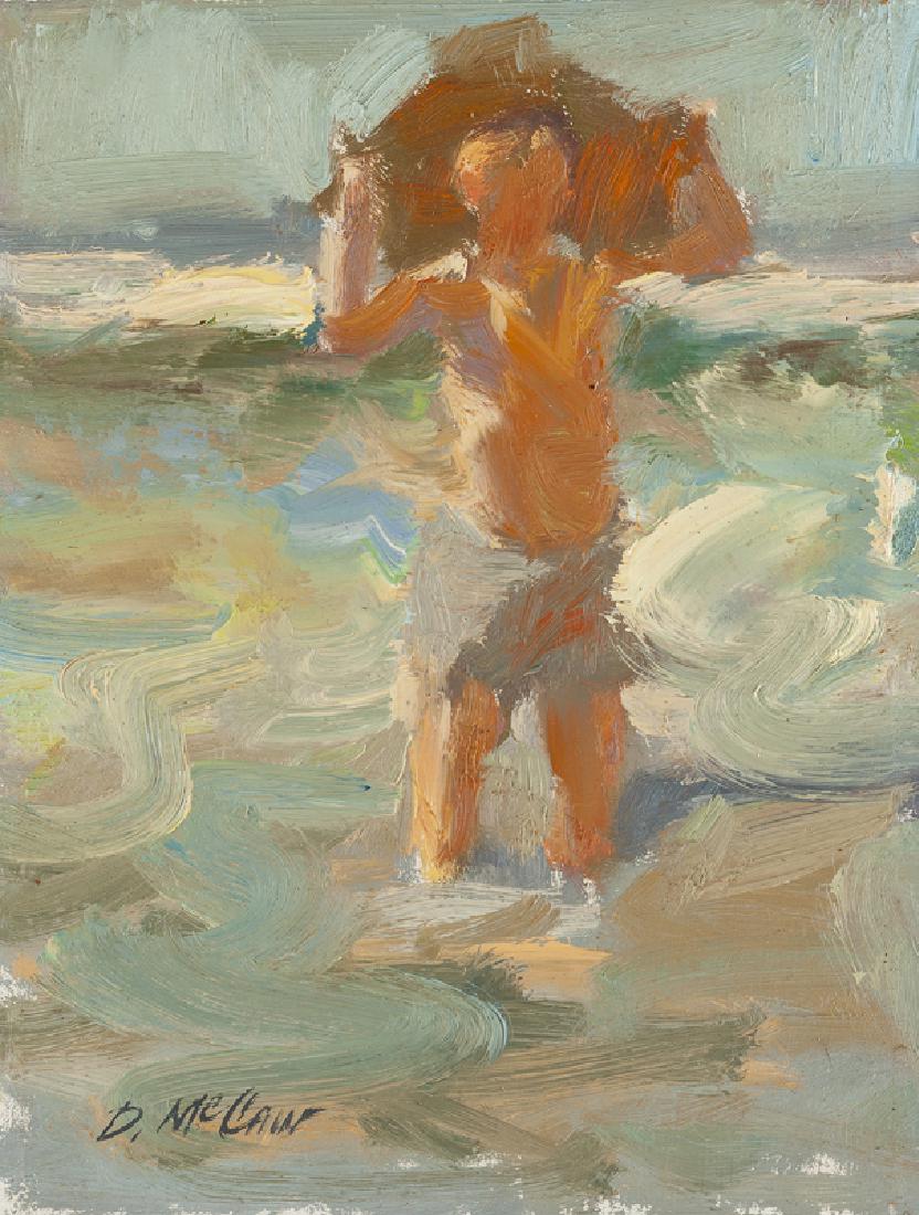 Dan McCaw (1942 - * Los Angeles, CA): "Danny McCaw, Age 5", young boy at the beach Oil on masonite Signed lower left: D. McCaw, titled by repute 6" H x 8" W Provenance: Private Collection, Lockwood, CA. Notes: Framed size: 15" H x 13" W x