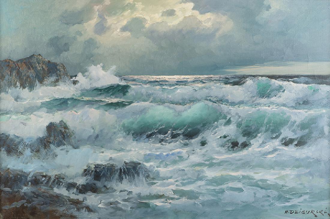 Alexander Dzigurski (1911 - 1995 Los Angeles, CA): Seascape with crashing waves Oil on canvas Signed lower right: A. Dzigurski 24" H x 36" W Provenance: Private Collection, Elk Grove, CA. Notes: Framed size: 32.5" H x 44.5" W x 2.5" D.