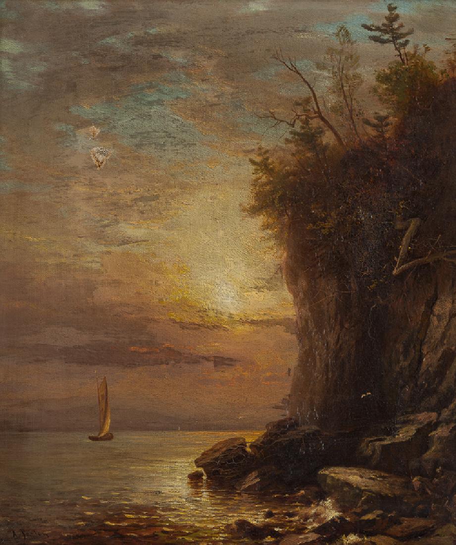 Arthur Parton NA (1842 - 1914 New York, NY): Atmospheric coastal with sailboat Oil on canvas Signed lower left: A. Parton 14" H x 12" W Provenance: Private Collection, Los Angeles, CA. Notes: Framed size: 23" H x 21" W x 3.25" D.