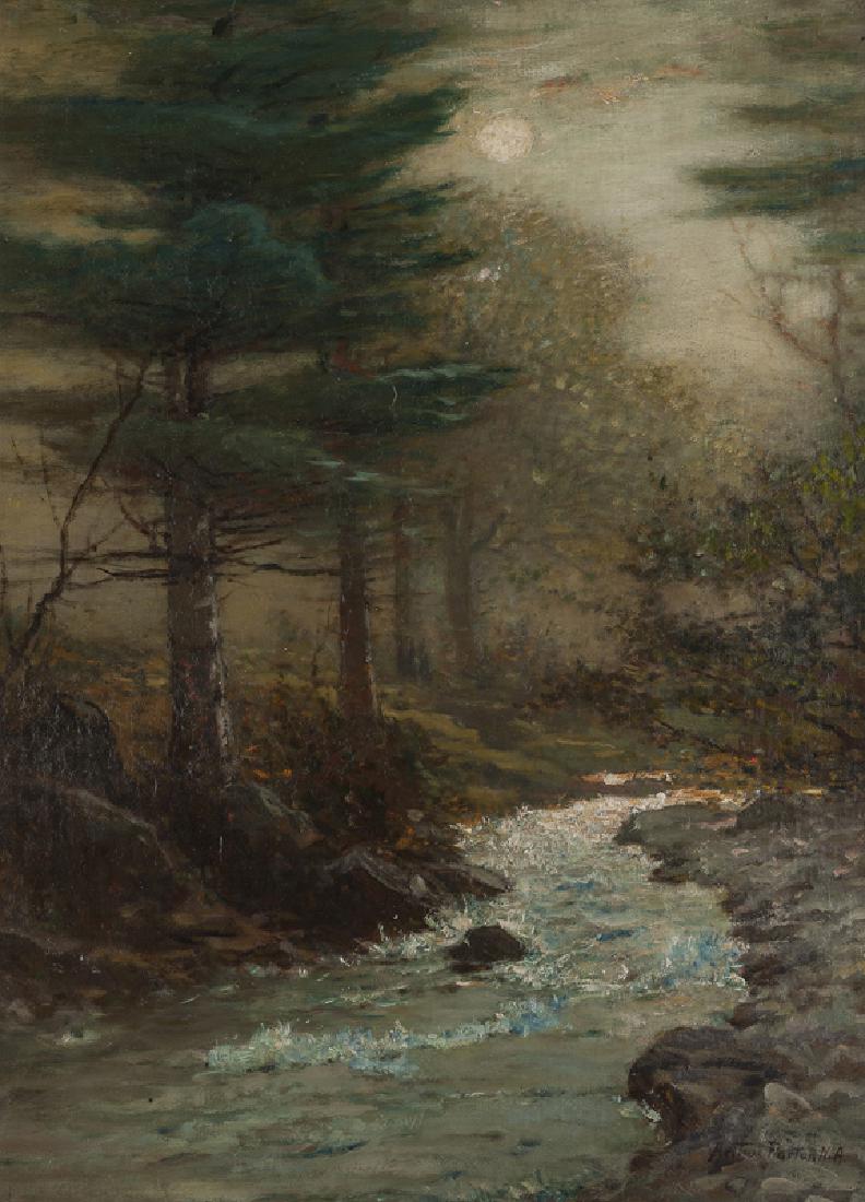 Arthur Parton NA (1842 - 1914 New York, NY): "Gill Brook", river through a forest interior Oil on canvas laid to canvas Signed lower right: Arthur Parton N.A., titled by repute 32" H x 23" W Provenance: Private Collection, Los Angeles, CA. Notes
